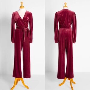 ModCloth Velvet Persuasion Long Sleeve Wide Leg Belted Jumpsuit Raspberry Pink